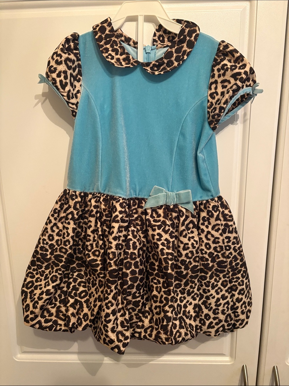 Aqua and Leopard Print Girls Dress with Peter Pan Collar